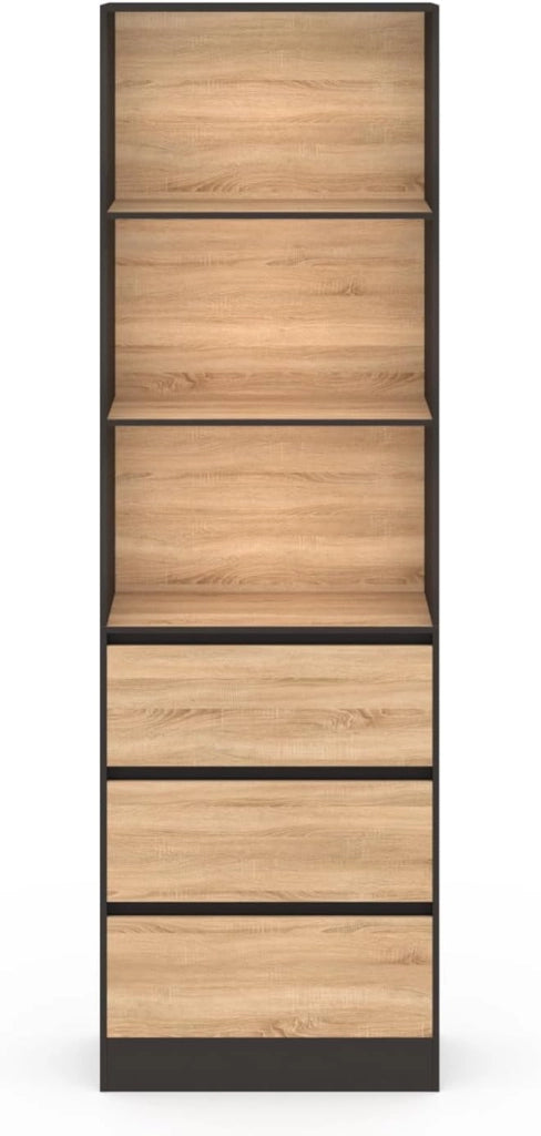 CARLA Libreria a 3 livelli con 3 cassetti neri ed effetto legno H.190 cm