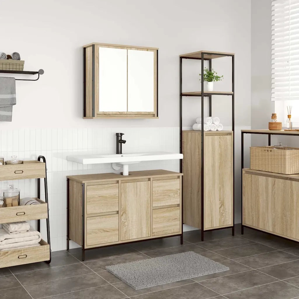 Set di mobili per il Bagno | Armadio da bagno con porta 2 pz Rovere Sonoma e Nero