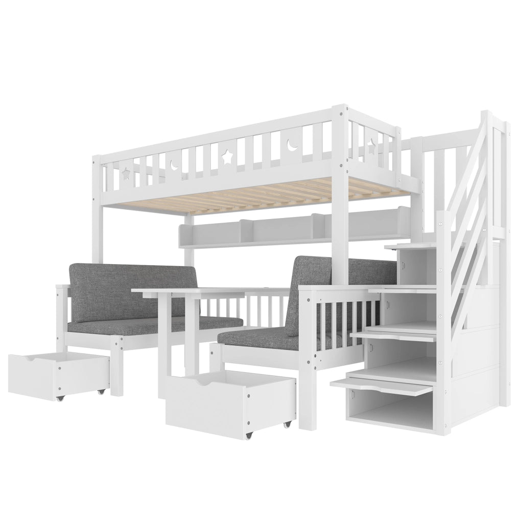Letto a soppalco multifunzionale 90x200 cm con scrivania pieghevole e scala contenitore