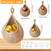 Cestino appeso per cucina, frutta, tessuto di cotone a maglia, cesto per frutta, appeso, con 3 adesivi per muro/3 ganci, per cucina, verdure, verdure, piante da parete