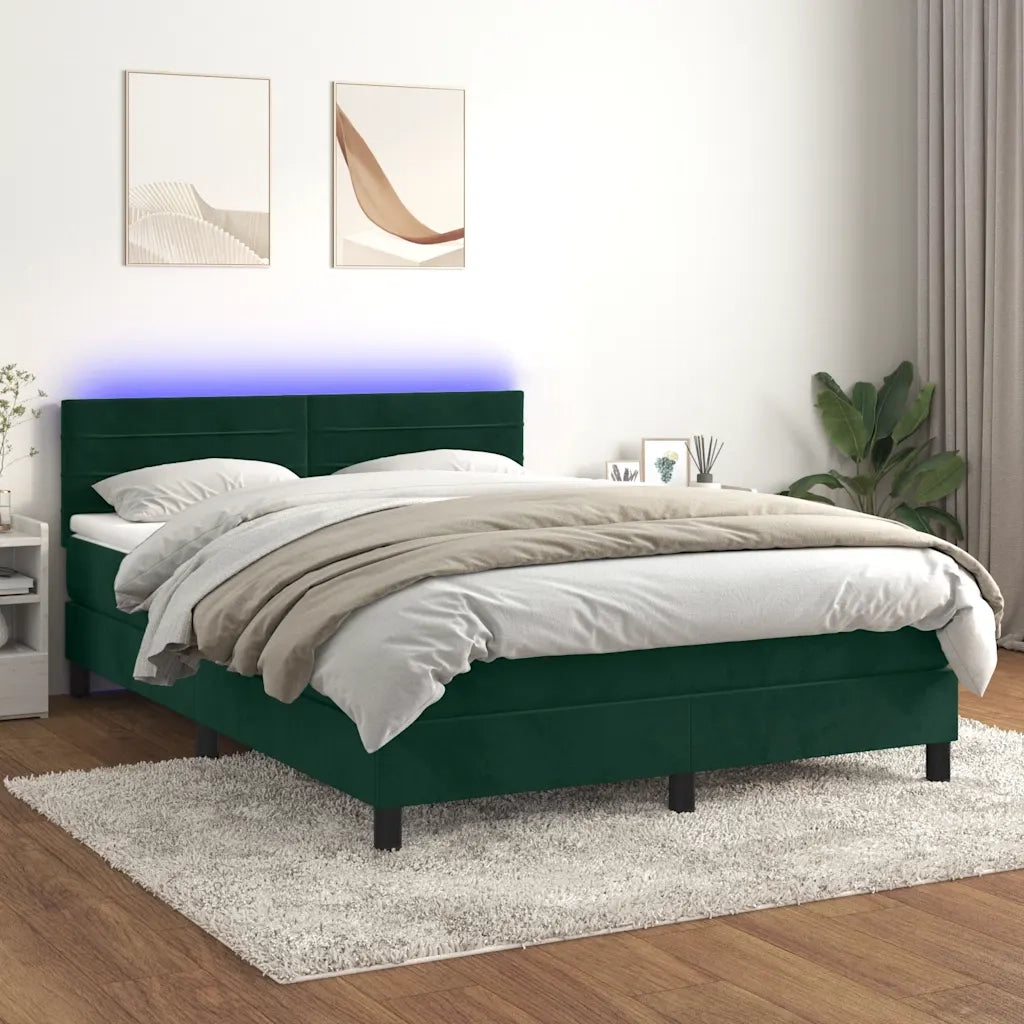 Letto a Molle con Materasso e LED Verde Scuro 140x200cm Velluto 3134468
