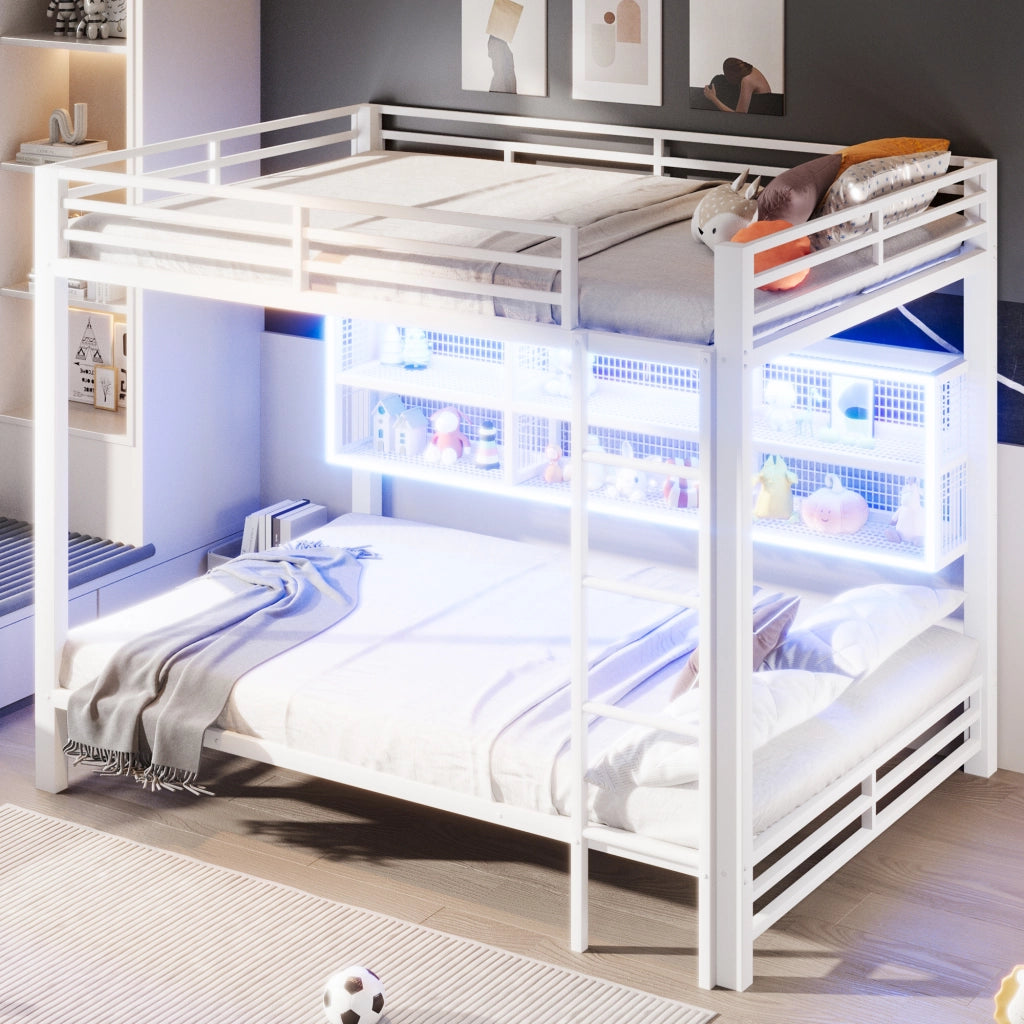 Letto a Castello 140x200 cm; con 6 Armadietti; LED - in Metallo - Bianco