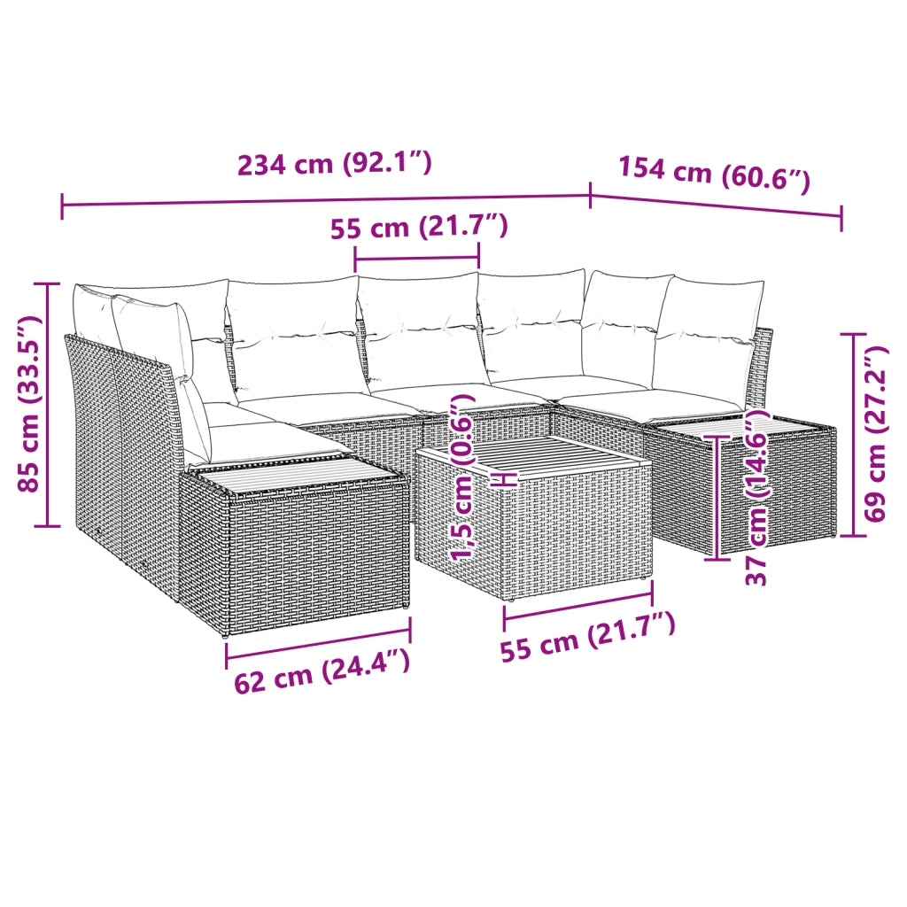 Set Divano da Giardino 7 Pezzi con Cuscini Beige Polyrattan Acacia