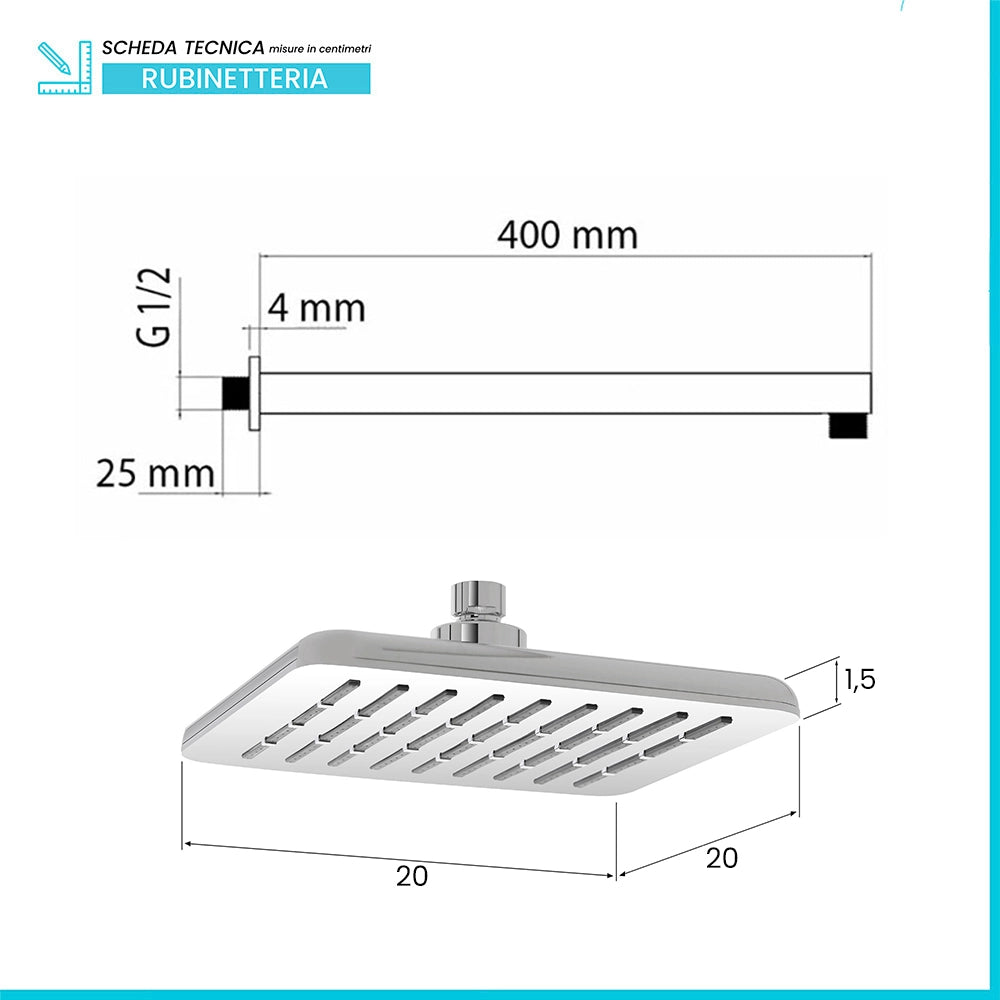 Set Soffione doccia 20 x 20 cm e braccio di 40 cm in finitura cromo anticalcare Hidra