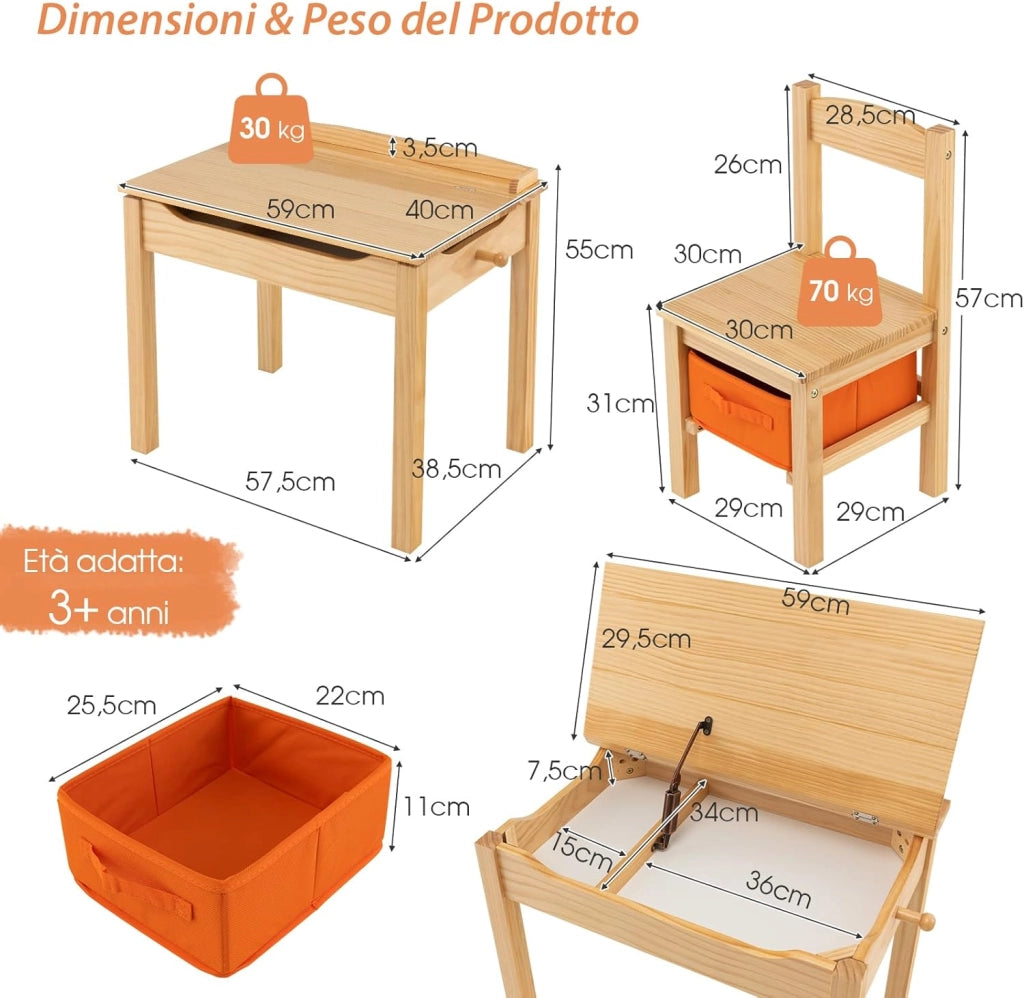 Set Tavolo e Sedia per Bambini 3+ Anni, Scrivania Ribaltabile in Legno di Pino con Cassetto Estraibile, Gancio e Cerniera Sicura a Chiusura Lenta, Ideale per Studio e Disegno (Naturale)