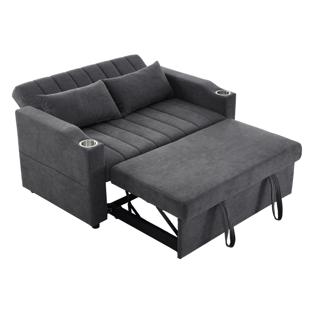 Divano Letto 2 Posti con Schienale Regolabile 3 Posizioni; Portabicchieri; Tasche; 2 Cuscini in Cotone Lino Grigio