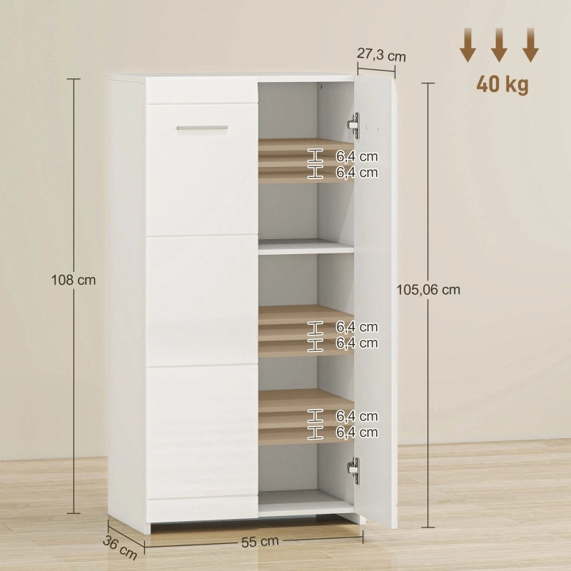 Scarpiera con 3 ripiani regolabili, per ingresso e soggiorno, in legno, bianco lucido, 55 × 36 × 108 cm