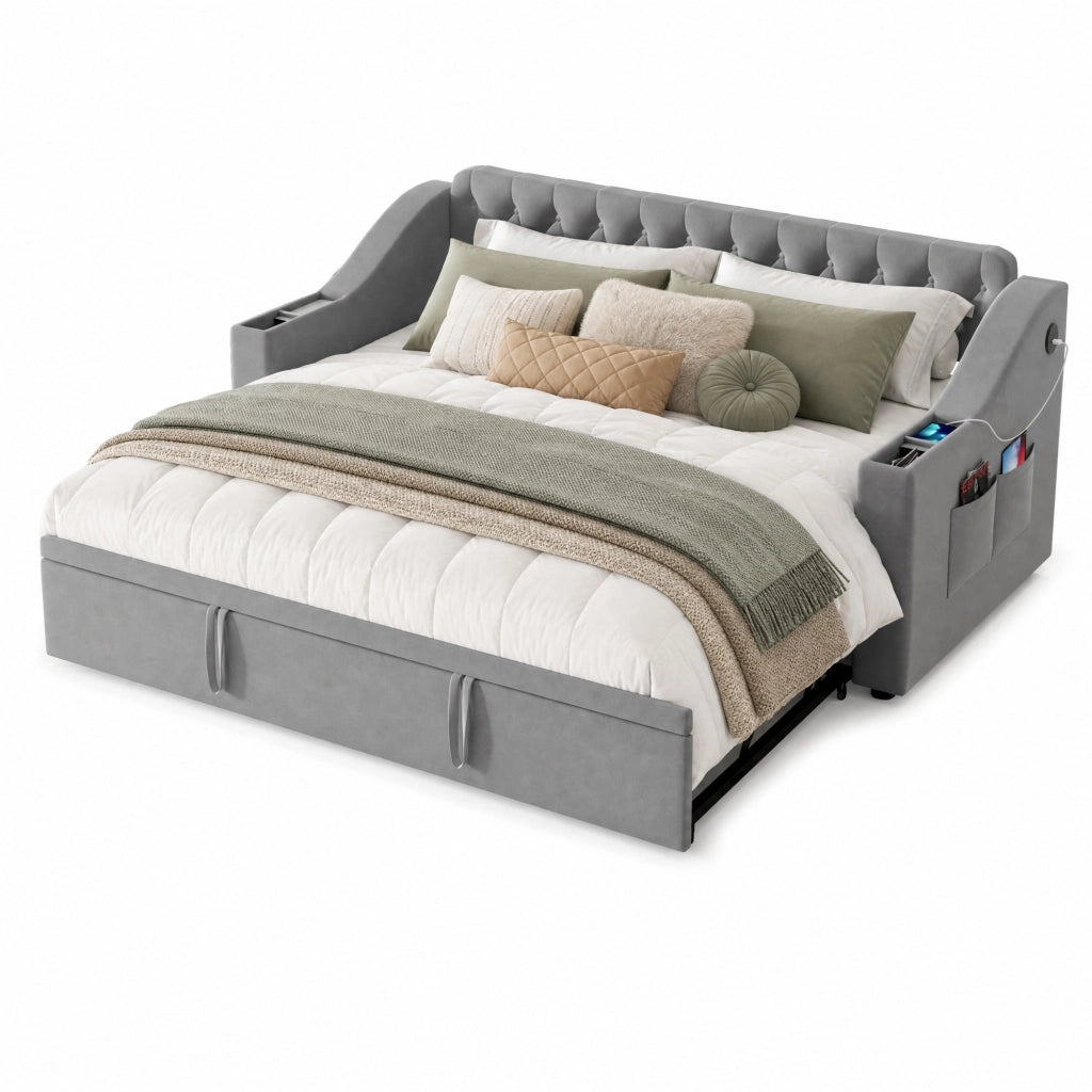 Divano letto imbottito estraibile 90x190 cm con rete a doghe, tessuto velluto, grigio