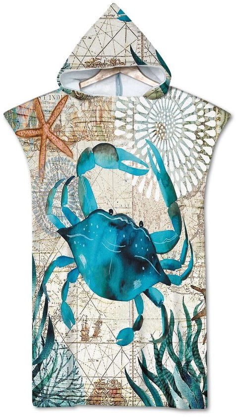 Poncho per la spiaggia con cappuccio, stampe di animali marini, mondo sottomarino blu, asciugamano poncho per adulti (krab-75x110cm)