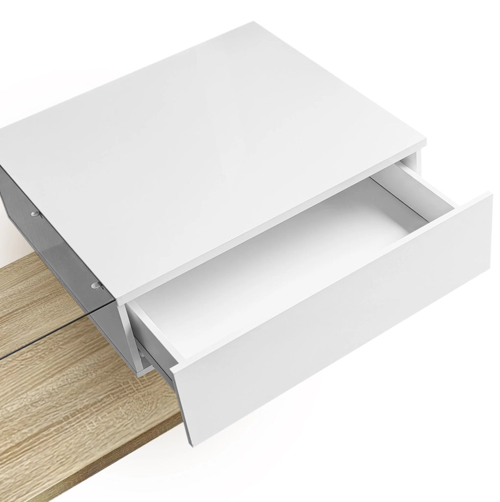 Tavolino da caffè moderno 105x55x32;5 cm in truciolare bianco lucido e effetto legno; con LED