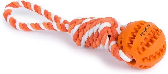 Tou di gomma per cani con pallina per svago e cura dei denti, giocattolo robusto per cani di taglia media e grande, giocattolo da mordere con nodi di gomma naturale, tiro di pallina giocattolo da lanciare per cani (arancione)