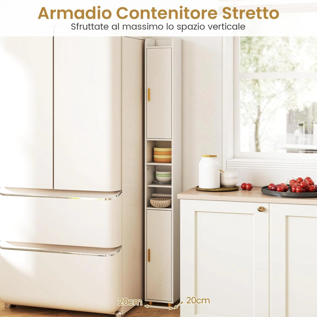 Mobiletto Bagno Salvaspazio 20 x 20 x 179 cm, Armadietto Stretto con 2 Ante, Ripiani Regolabili e Gancio Laterale, Armadio Salvaspazio per Cucina, Ufficio e Soggiorno (Bianco)