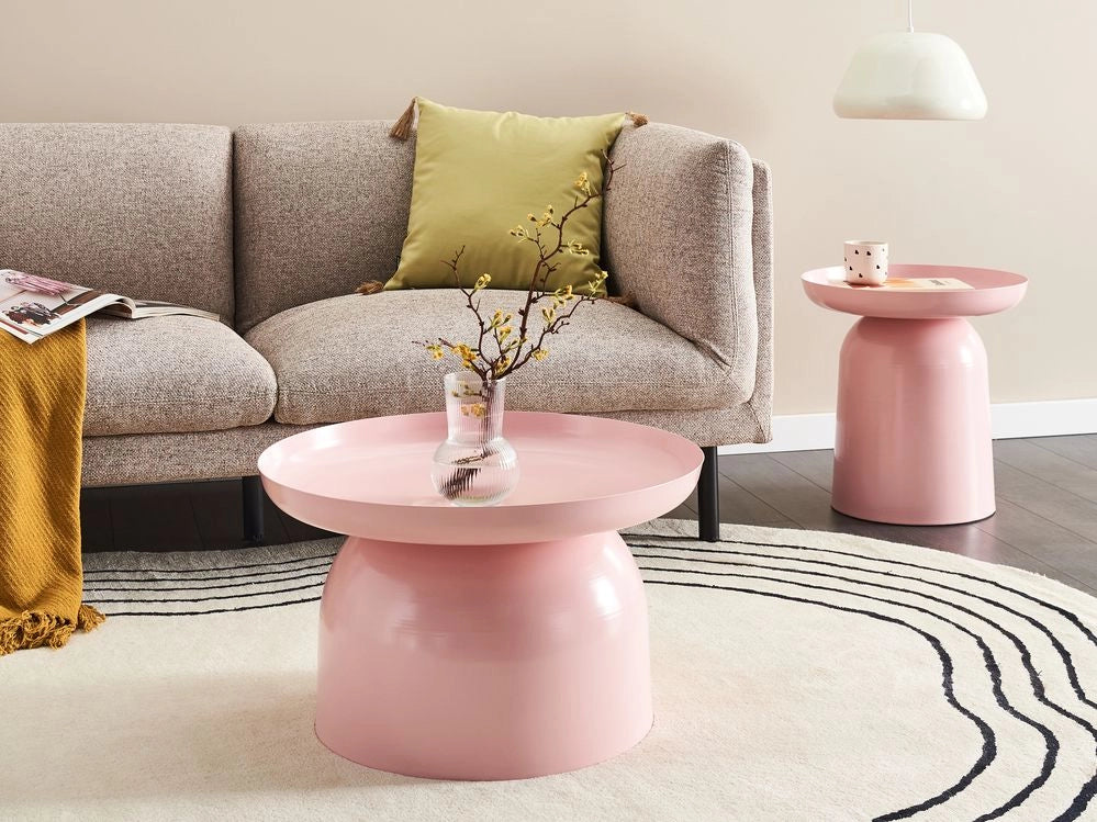 Tavolino da salotto in metallo rotondo rosa pastello soggiorno elegante