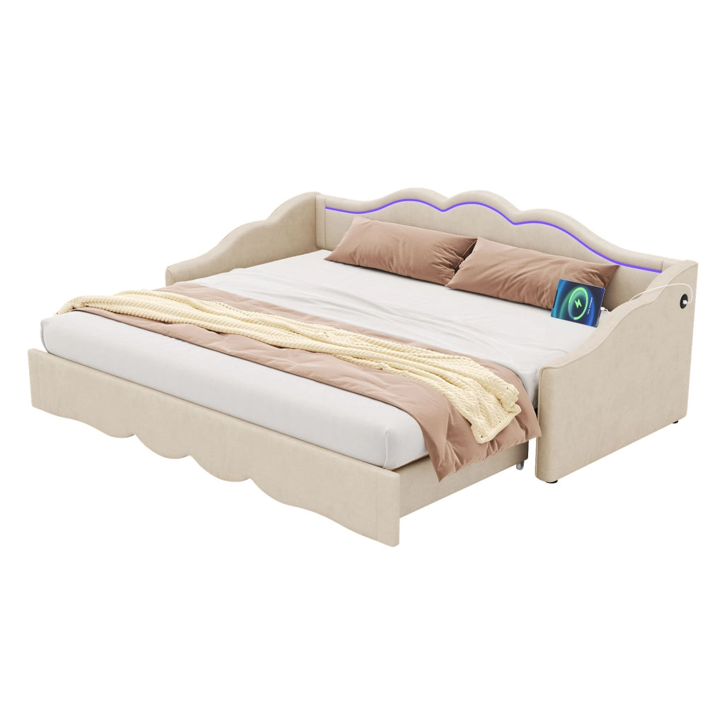 Letto estraibile 90x200 cm in velluto beige con luci LED, porte USB e TYPE-C, trasformabile in 180x200 cm
