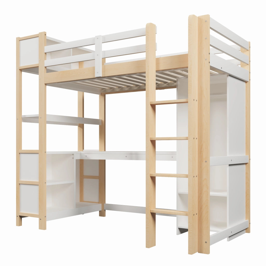 Letto a soppalco 90 × 200 cm con scrivania, scaffali e armadio, senza materasso, in pino, naturale
