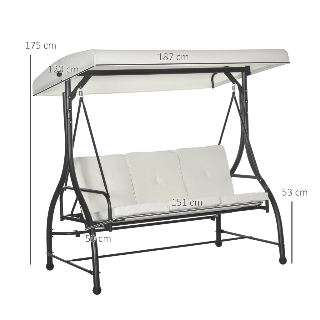Dondolo Letto da Giardino 3 Posti con Tettuccio Regolabile 195x117x175 cm in Acciaio e Poliestere Crema e Nero