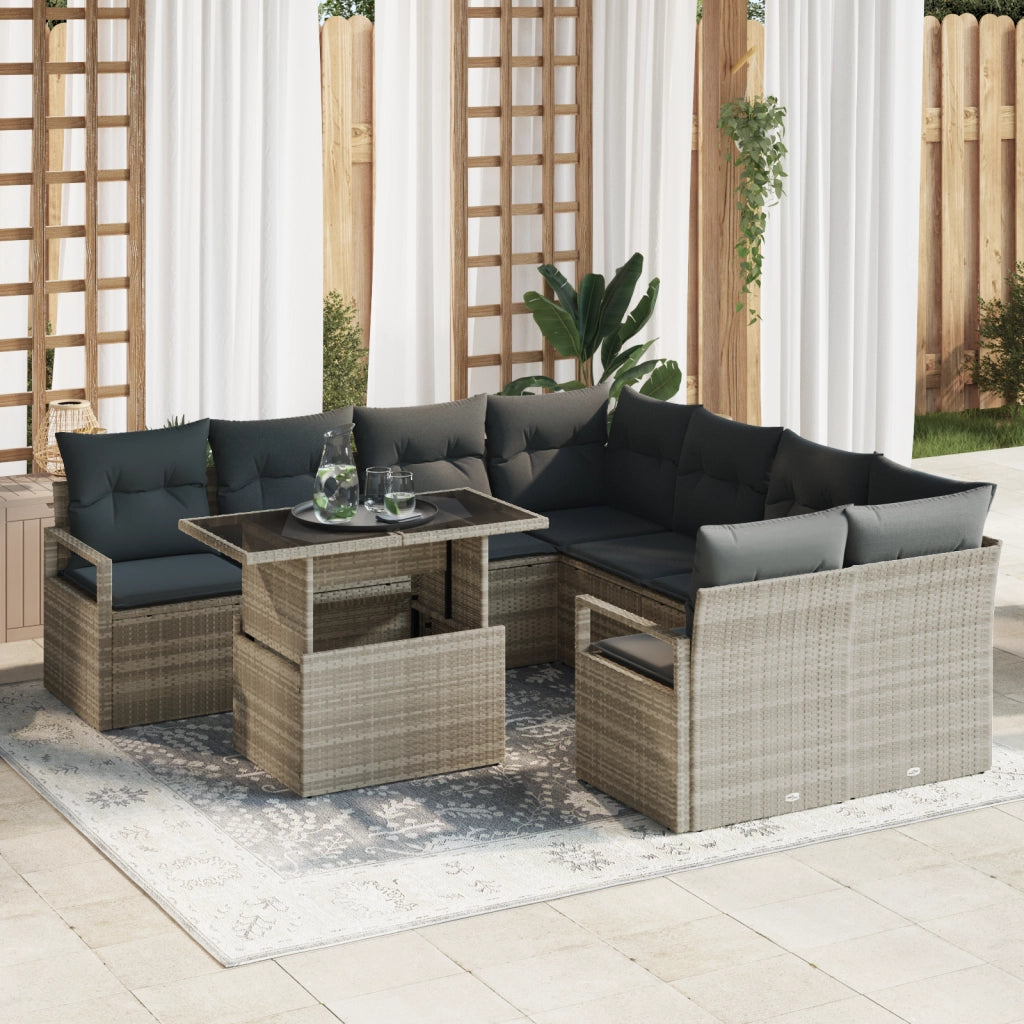 Set Divano da Giardino  9 Pezzi con Cuscini Grigio Chiaro Rattan Polietilene