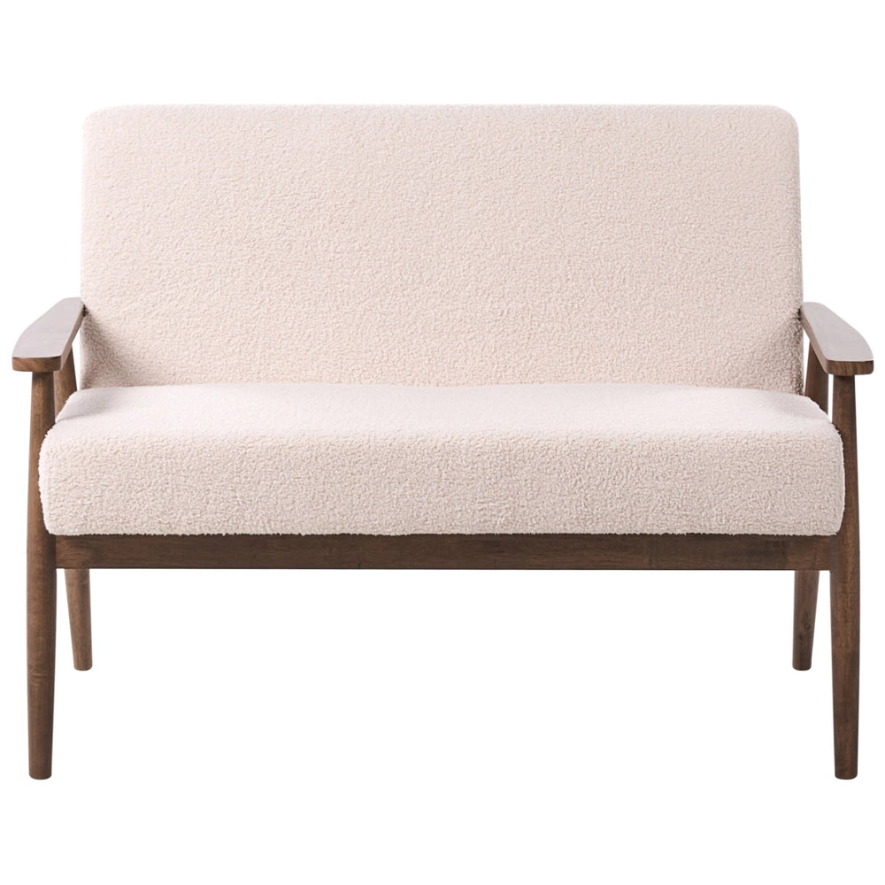 Divano da salotto a 2 posti in bouclé e struttura in legno beige e marrone scuro struttura in legno stile retrò