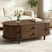 Tavolino da salotto 100x50x36 cm con ante scorrevoli e 2 cassetti in MDF color noce
