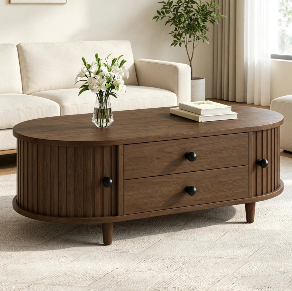Tavolino da salotto 100x50x36 cm con ante scorrevoli e 2 cassetti in MDF color noce