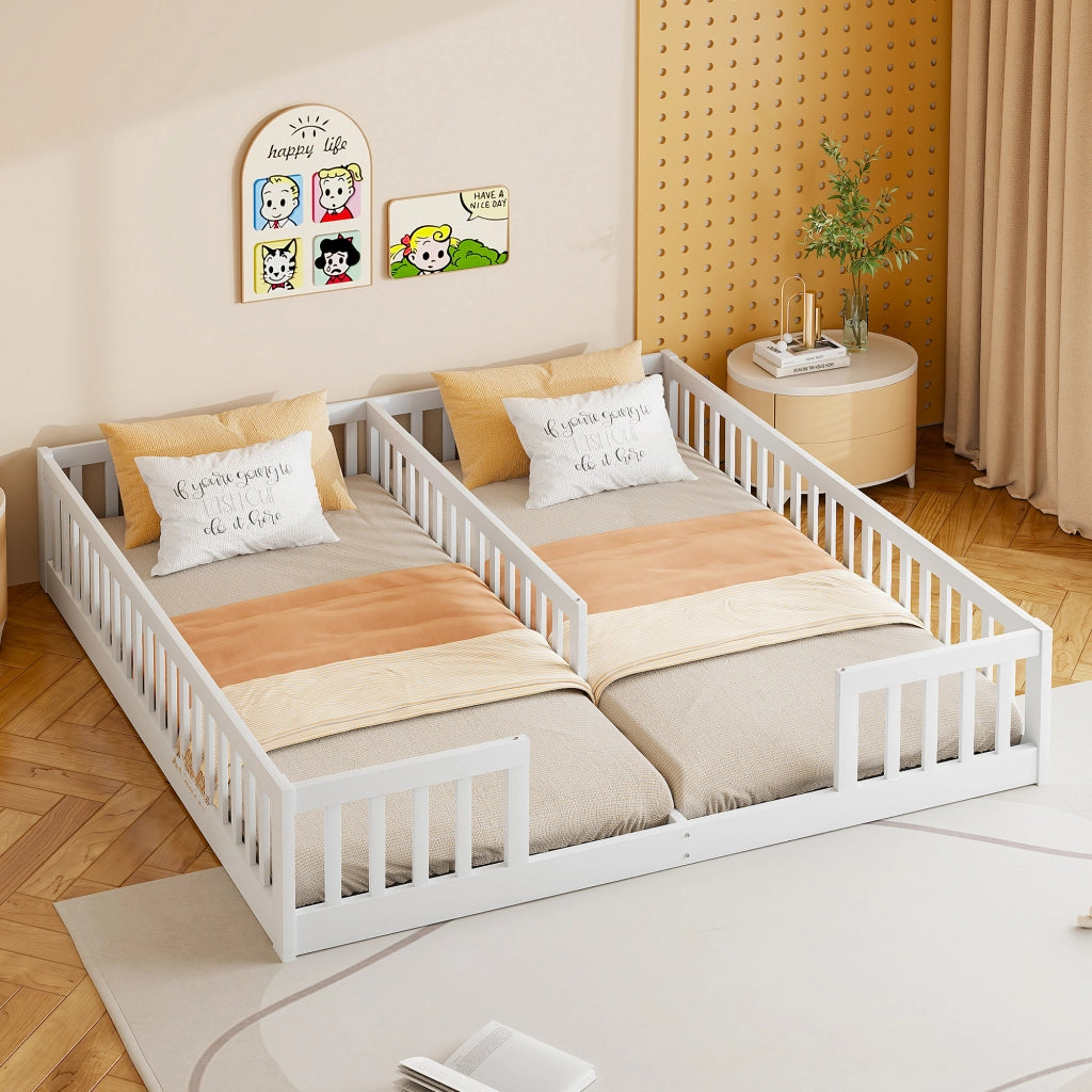 OKWISH Letto Bambini 90×200 cm, Letto Singolo con Spondine di Sicurezza, Struttura Doppia per 2 Bambini, senza Materasso, in Legno, Bianco