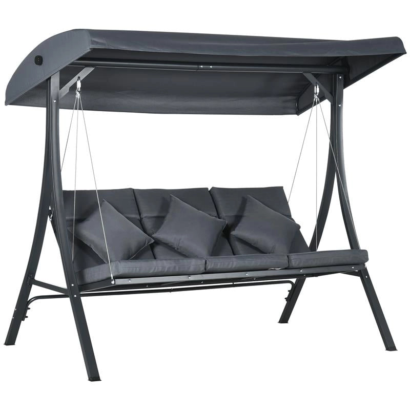 DONDOLO DA GIARDINO 3 POSTI CON TETTUCCIO REGOLABILE, IN ACCIAIO E POLIESTERE, 202X115X168 CM, GRIGIO SCURO