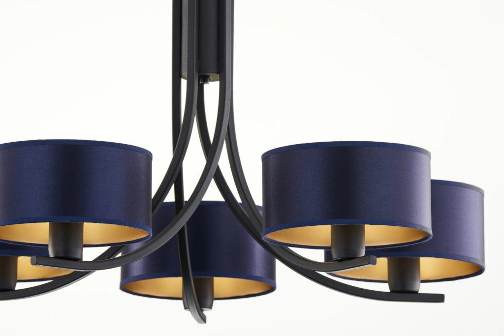 Lampadario nero a catena 5xE27 paralumi blu Jupiter