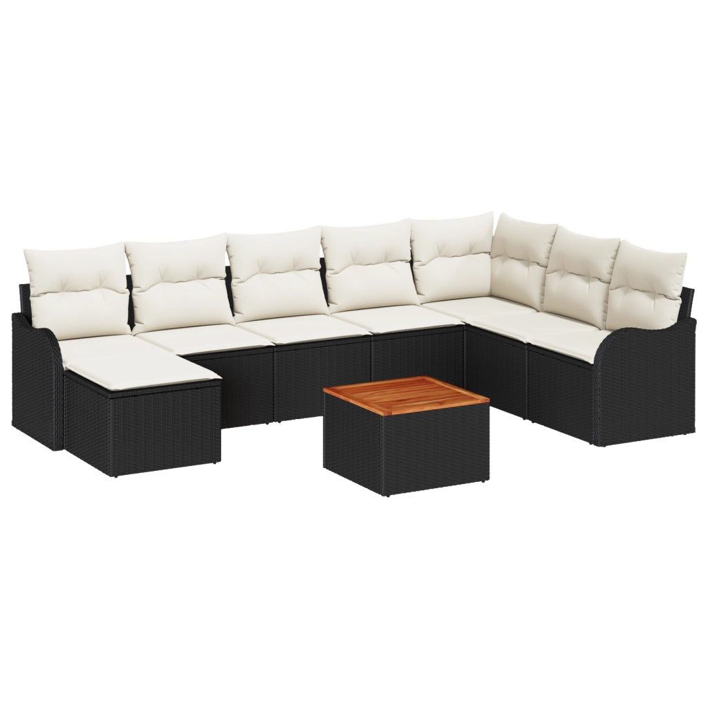Set di Divani da Giardino 9 Pezzi con Cuscini Nero Rattan Fittizio Acacia