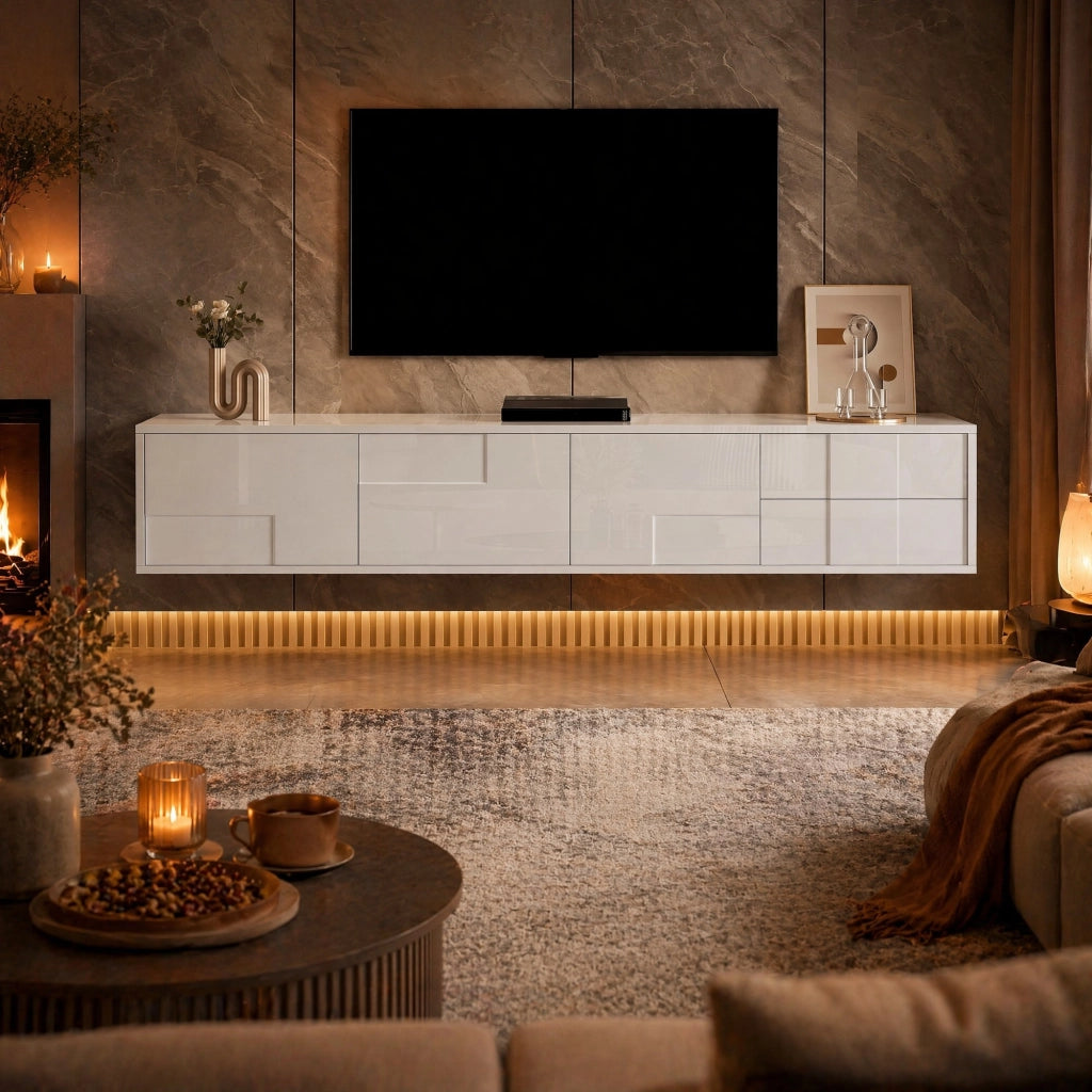 Mobile TV bianco 170 cm con 3 ante e 2 cassetti, sospeso o da terra