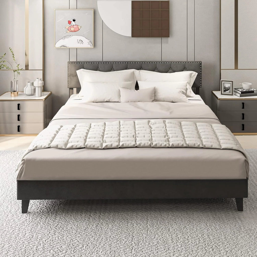 Letto Matrimoniale 180 x 200 cm, Struttura Letto Moderna con Testiera Imbottita, Doghe in Legno, Silenzioso, Carico Massimo 450kg