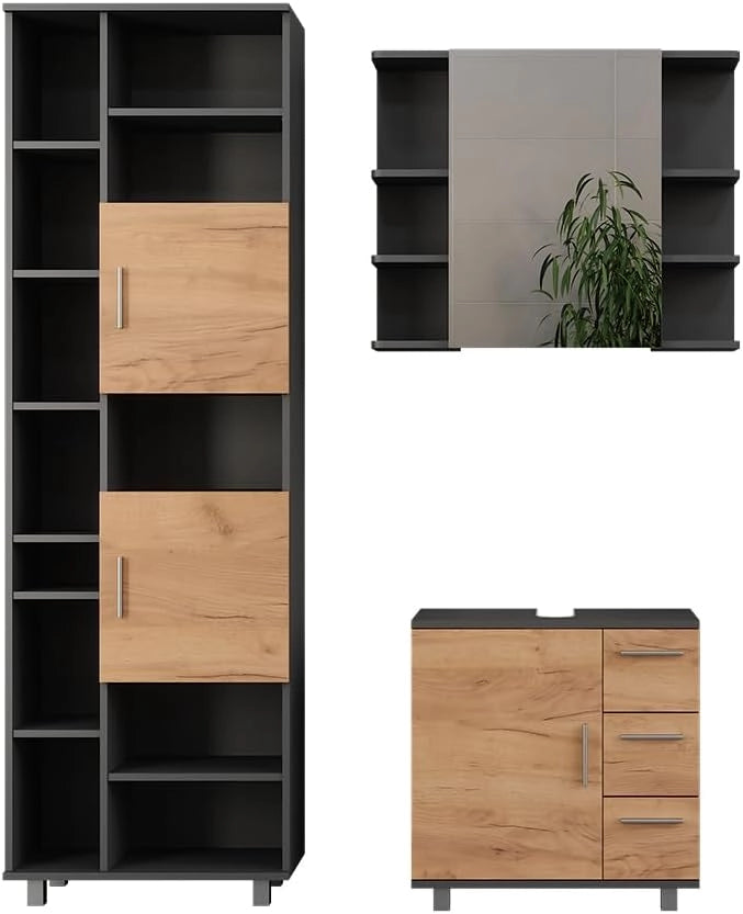 Set di mobili da bagno Ilias, Antracite/quercia dorata, 60.2 cm, composto da mobile sottolavabo, specchiera e colonna alta