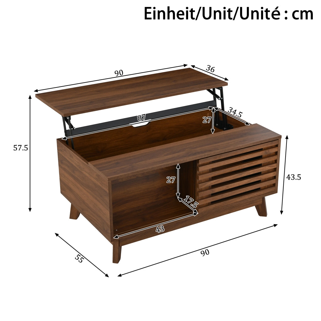 Tavolino basso con piano sollevabile e porta a persiana scorrevole per soggiorno in MDF noce 90 × 55 × 57,5 cm