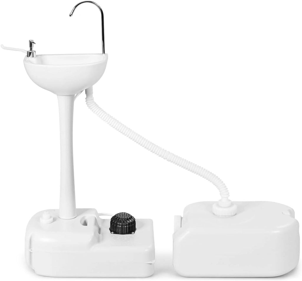 Lavandino da Campeggio con Pompa a Pedale, Lavandino Portatile con Serbatoio d'Acqua da 17L, Dispenser Sapone, Portasciugamani e Ruote (50 x 34 x 102cm)