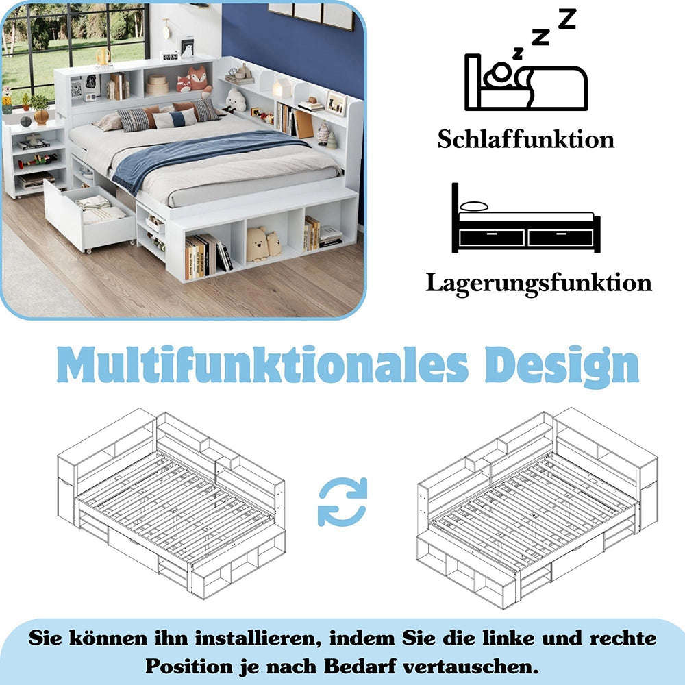 Letto singolo per bambini multifunzionale - Xylo - 140x190 cm - Bianco - Con cassetti e ripiani