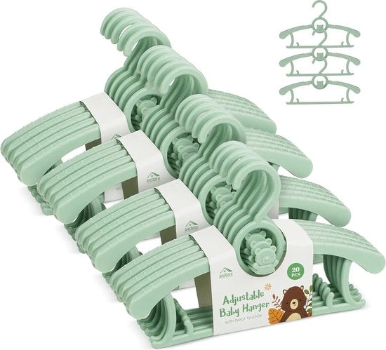 Assemini per abiti dei bambini, pacchetto da 20, assemini per abiti dei bambini in crescita, con ganci orizzontali sovrapposti e ganci orizzontali con fune non scivolosa per neonati e bambini piccoli, verde