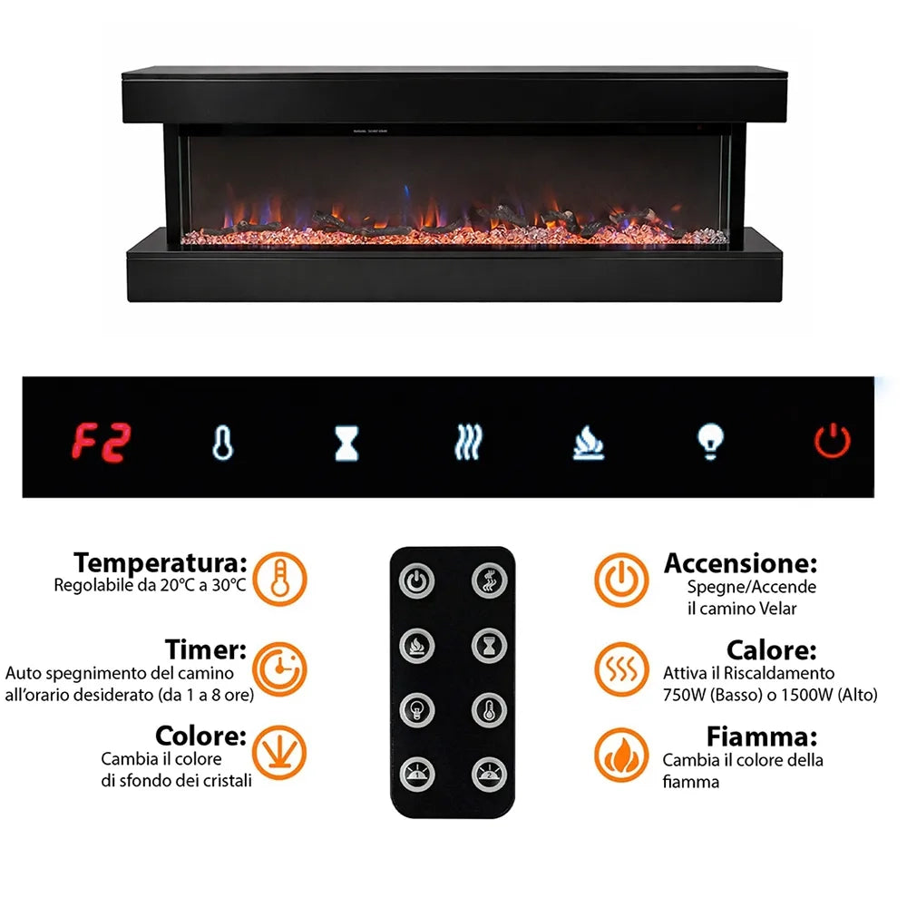 Tempo Style - Camino elettrico a parete e da incasso ALARO ULTRA+ | Stufa ventilata da 750W/1500W a basso consumo (Nero, 152cm)