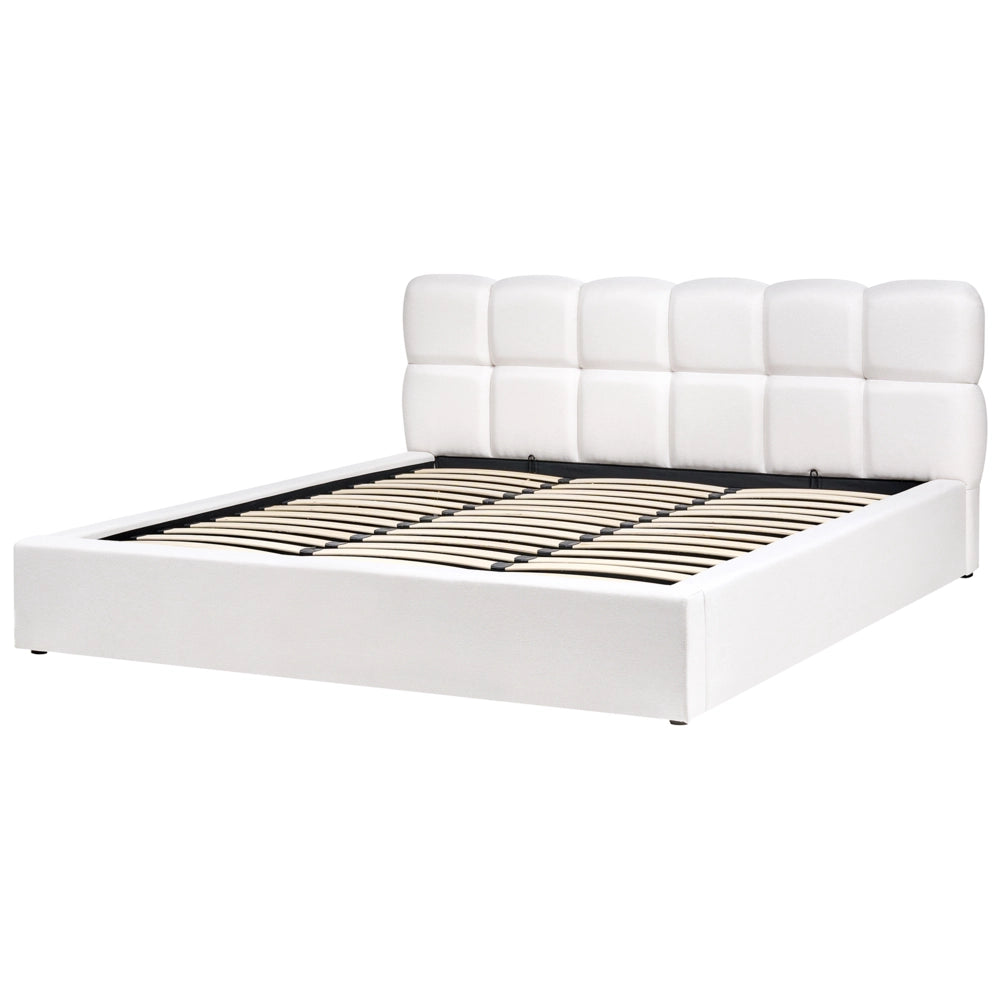 Letto king size UE in tessuto bianco sporco 180 x 200 cm con struttura imbottita e poggiatesta in biscuit con contenitore
