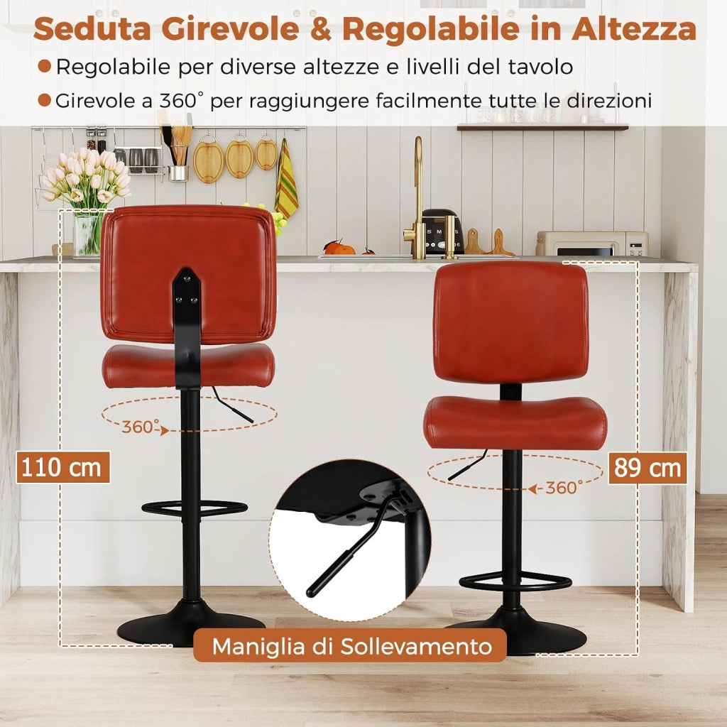 Set di 2 Sgabelli da Bar Moderne Girevoli con Altezza Regolabile | Sedie da Bar con Seduta Imbottita in Pelle, Sgabelli Rivestiti per Banco con Poggiapiedi per Sala da Pranzo e Pub