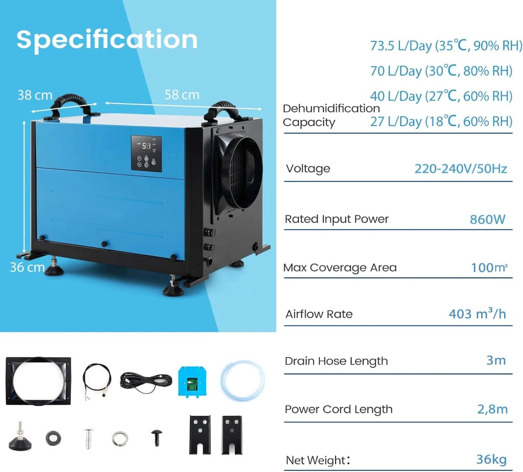 Deumidificatore Elettrico 73,5 L/Giorno, 403 m³/H, Deumidificatore Professionale 3 Modalità, Tubo di Scarico, Filtro Rimovibile, per Cantine, Magazzini, Scantinati (Blu, 58 X 38 X 36 CM)