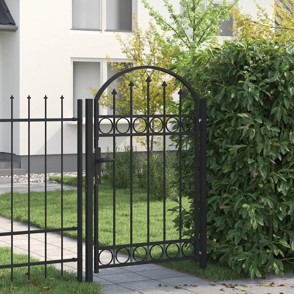 Cancello per recinzione Assen con parte superiore ad arco in acciaio 102x150 cm Nero 143086