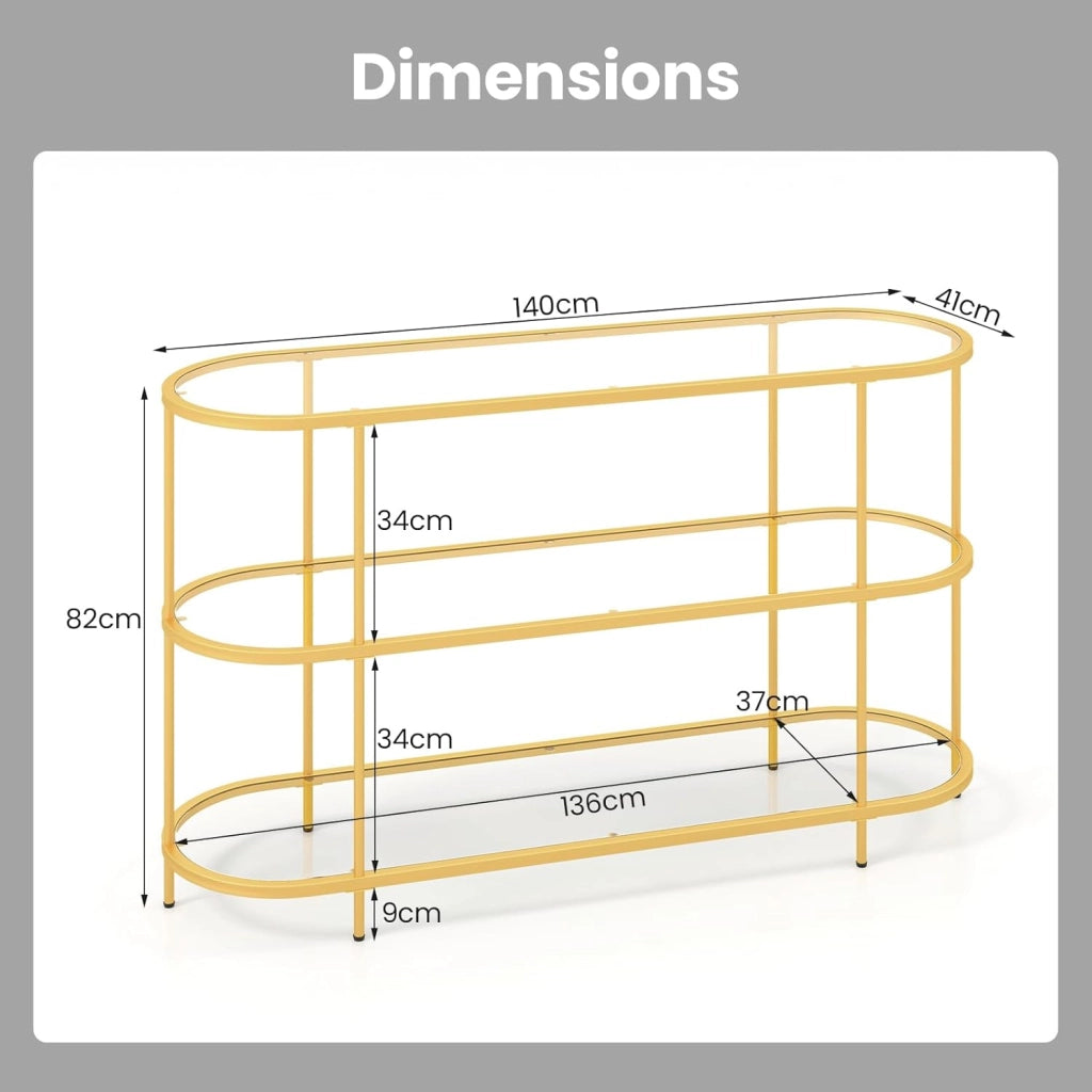Tavolo consolle in vetro temperato con struttura metallica, scaffale a 3 livelli per TV fino a 65 pollici, 140 x 41 x 82 cm, tavolo da ingresso per soggiorno e camera da letto