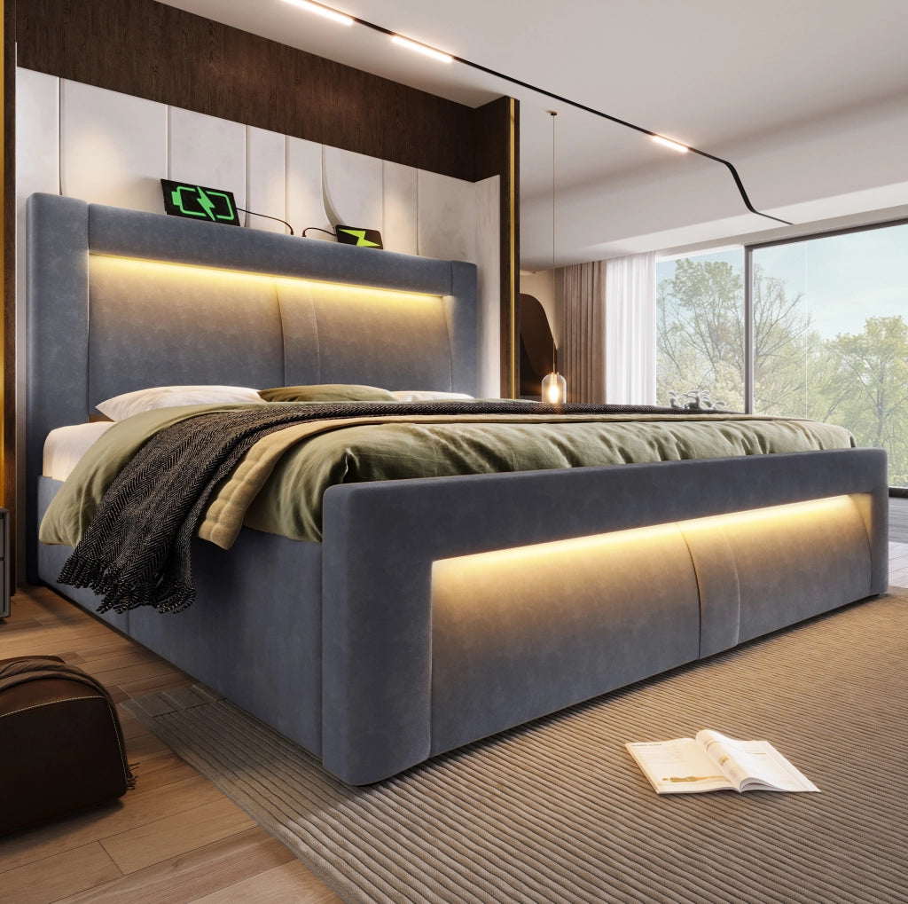 Letto matrimoniale 160x200 cm con contenitore; LED; prese USB e Type-C; velluto grigio con materasso
