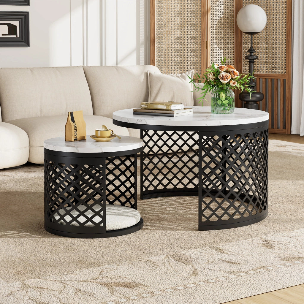 TAVOLINI DA CAFFÈ Set 2 Pezzi Rotondi 70x70x45 cm Bianco in MDF e Metallo