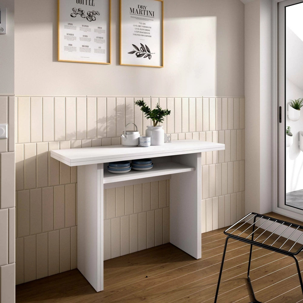 Tavolo allungabile Adella, Consolle estensibile ausiliare multiposizione,Tavolo da pranzo pieghevole con piano abbattibile, 110x33/66h75 cm, Bianco