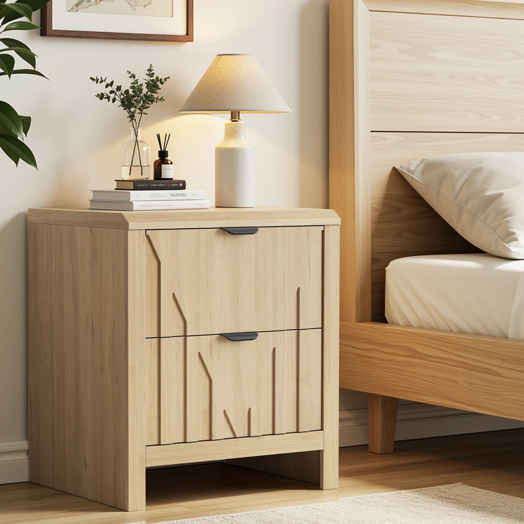 Comodino con 2 cassetti in finitura rovere, stile mid-century moderno con maniglie in metallo, 1 pezzo