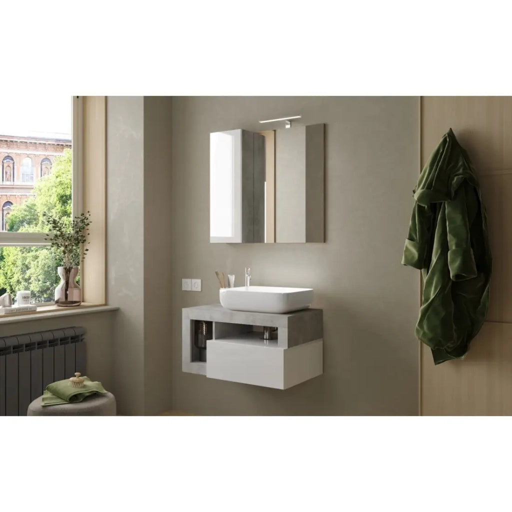 Mobile da bagno sospeso con lavabo e 1 cassetto, lunghezza 79 cm, collezione BURA, colore bianco lucido e cemento.