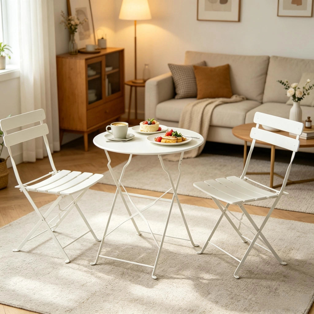 SET TAVOLO E SEDIE DA GIARDINO PIEGHEVOLE Ø 58 cm CREAM METALLO Set da 3 pezzi
