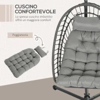 Poltrona Sospesa in Rattan PE con Cuscino, Seduta Pieghevole e Struttura in Acciaio, Grigio