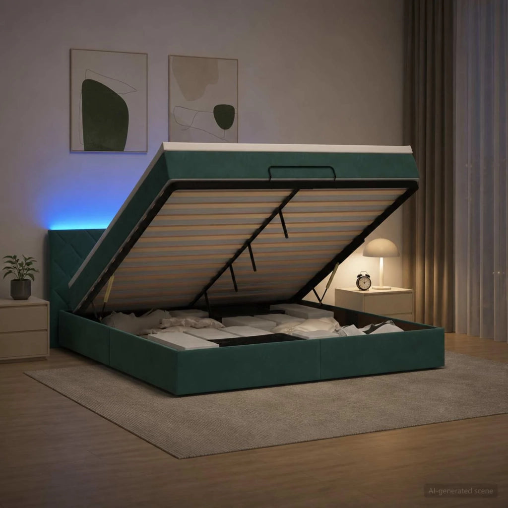 Letto Ottomano con Materasso e LED Verde Scuro 180 x 200 cm 3457230
