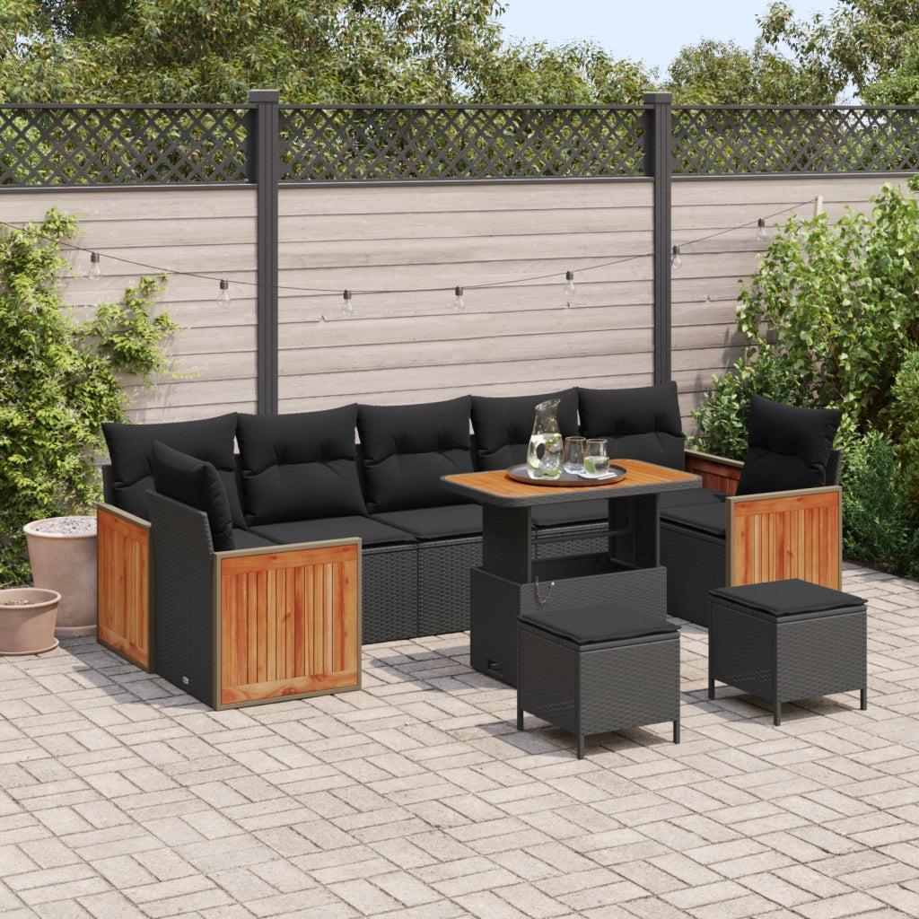Set divani da giardino  10 pezzi con cuscini neri in polyrattan e acacia